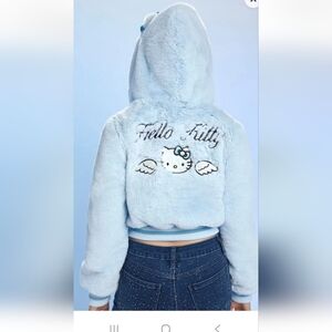 Sanrio HELLO KITTY Forever 21  Babu Blue Angel Fuzzy Hoodie Jacket Faux Fur Sz L